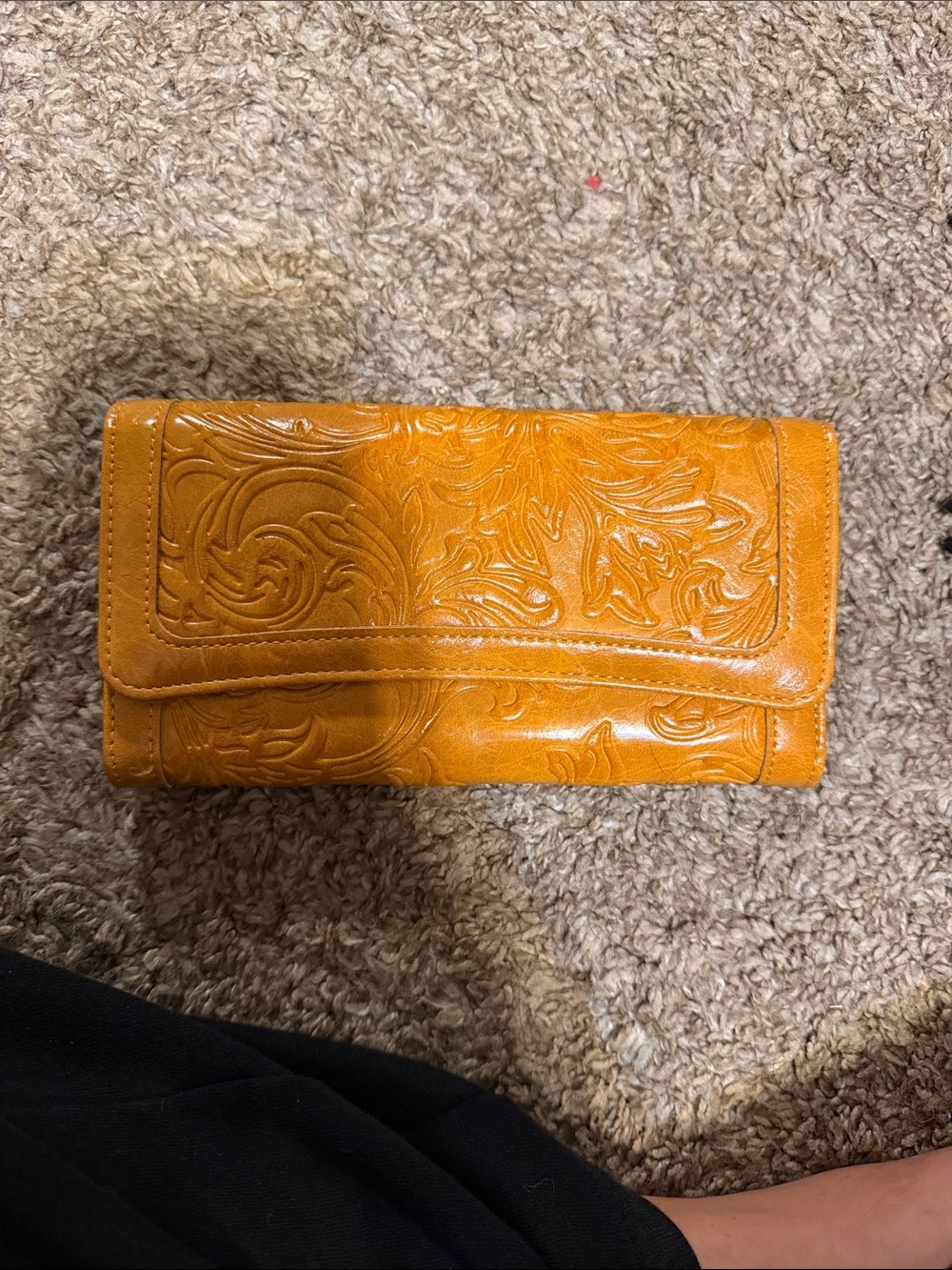 Embossed Leather Fold-Over Wallet Clutch in Mustard